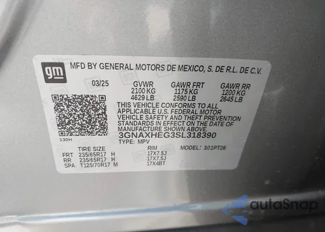 2025 Chevrolet Equinox Fwd Lt z USA, uszkodzony, nr VIN 3GNAXHEG3SL318390